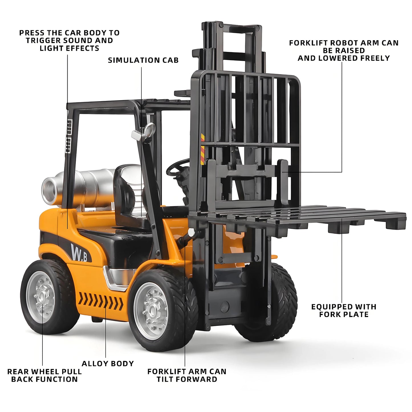 Children's metal die-cast rear forklift toy with lights, sound and liftable design - Construction truck toys for 3 years old+