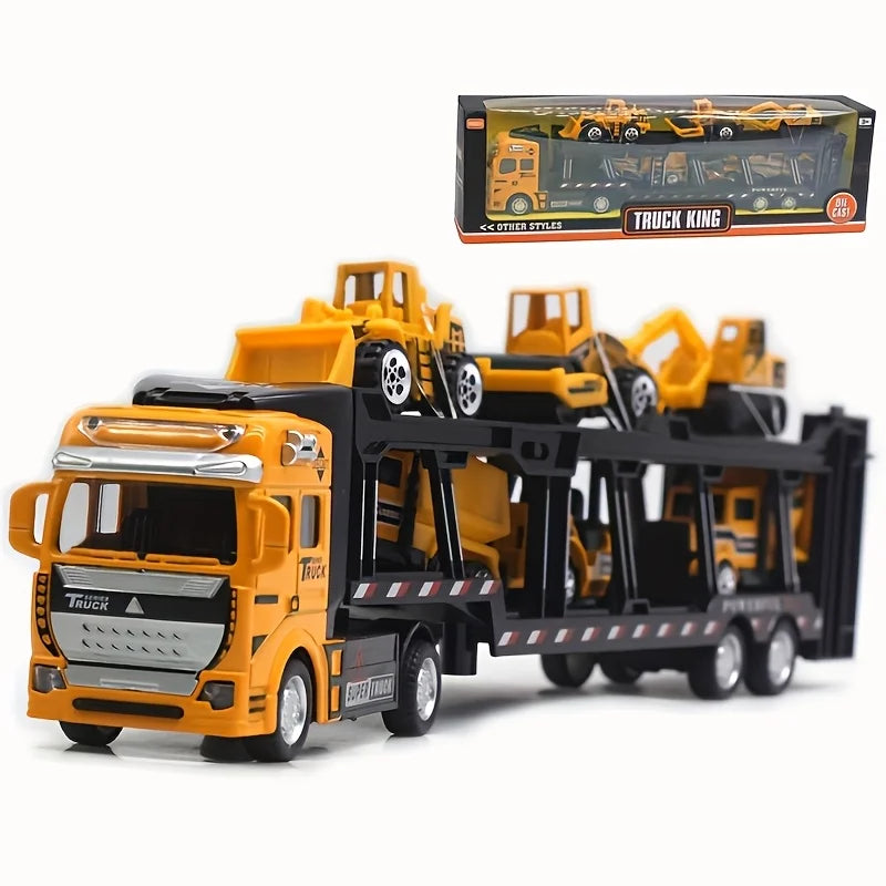 King of Trucks Alloy Toy Set: 12.6-inch alloy semi-trailer truck with 6 miniature construction vehicles,  Ideal birthday gift