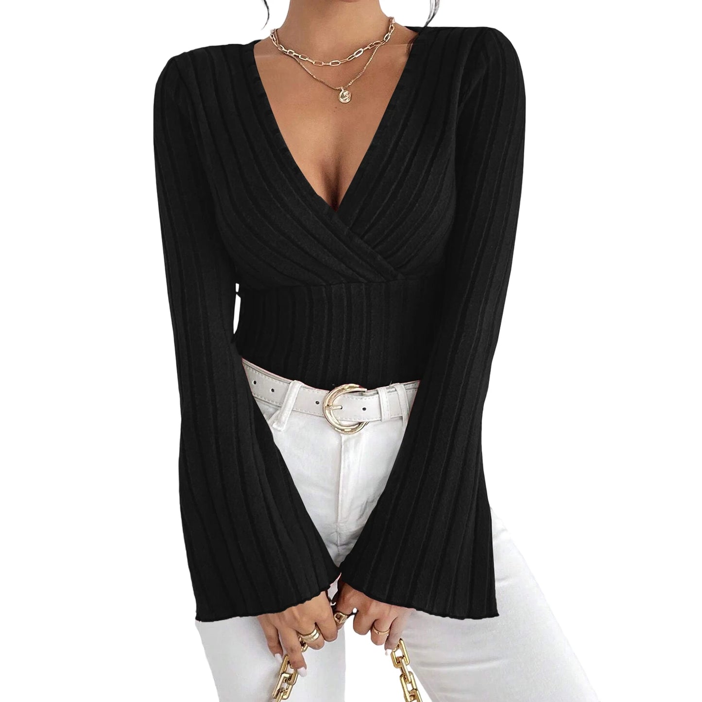 Stylish Women s  Fit Deep V Neck Blouse with Flare Long Sleeves - Trendy Solid Color Fashion Top for Ladies
