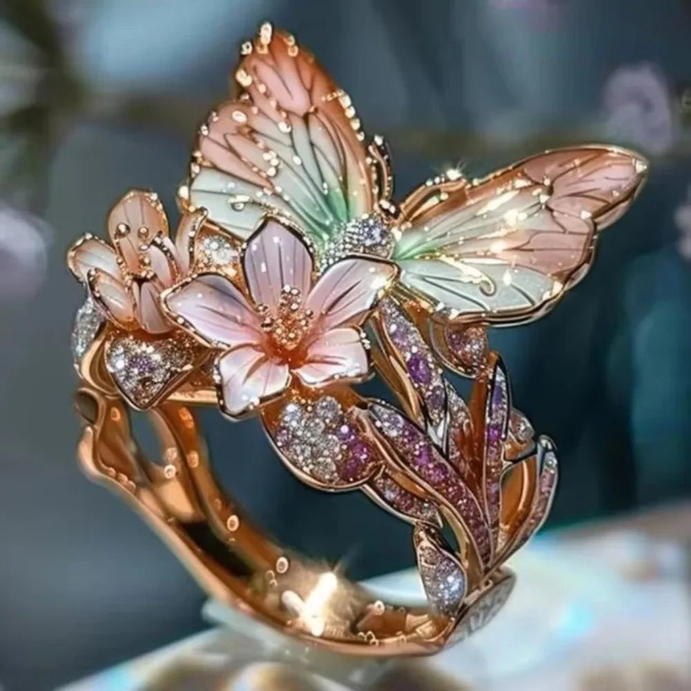 Aesthetic Flower Butterfly Rings for Female Romantic Rhinestone Stylish Non-fading Opening Ring Women Wedding Jewelry Party Gift