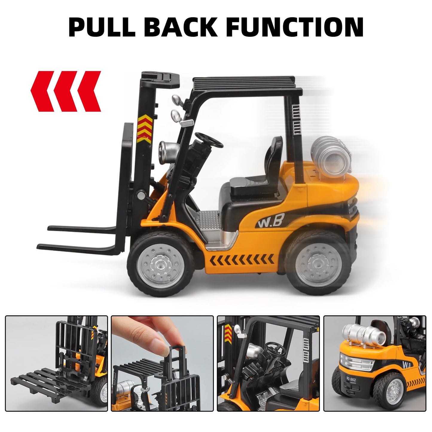Children's metal die-cast rear forklift toy with lights, sound and liftable design - Construction truck toys for 3 years old+