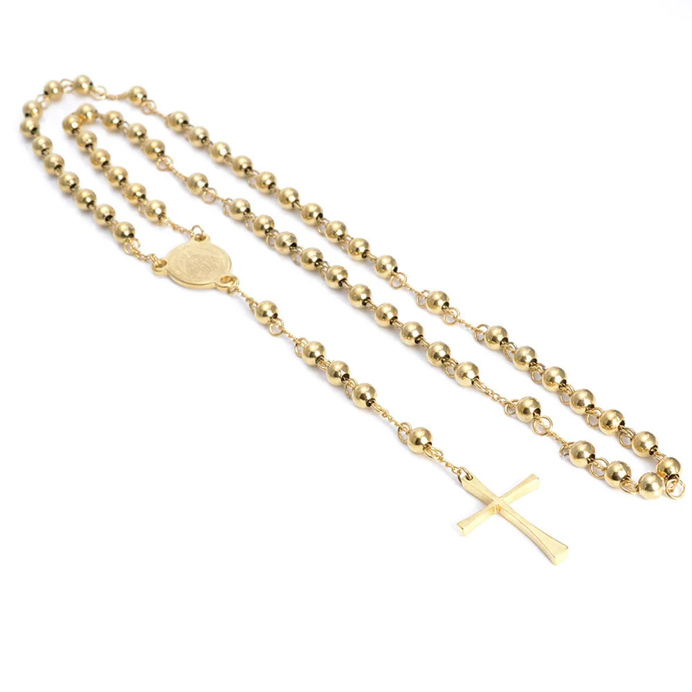 4/6/8mm  Stainless Steel Pendant Necklace Men Women Rosary Beads Chain Necklace