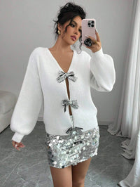 Autumn and Winter New Fashion Woman Sweater Sequined Bow Trim Loose Long Sleeve Niche Knit Cardigan