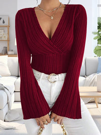 Stylish Women s  Fit Deep V Neck Blouse with Flare Long Sleeves - Trendy Solid Color Fashion Top for Ladies