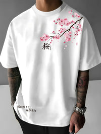 Men's cherry blossom pattern breathable polyester fiber mass casual T-shirt comfortable and breathable summer casual clothing