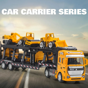 King of Trucks Alloy Toy Set: 12.6-inch alloy semi-trailer truck with 6 miniature construction vehicles,  Ideal birthday gift