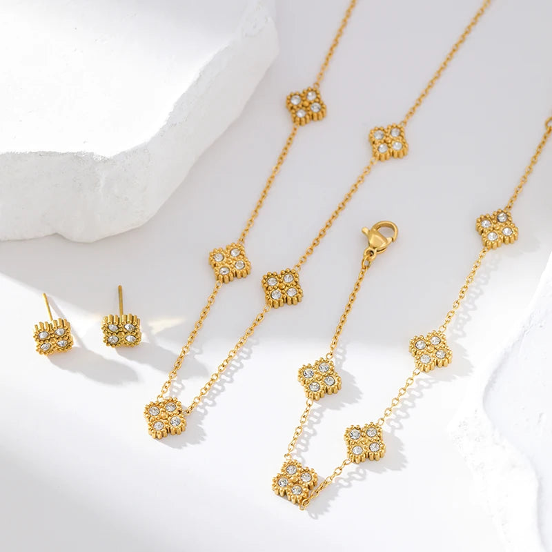 GANEMLY New Sparkling Leaf Clover Zircon Necklace Bracelet Earrings Set For Women Trendy Stainless Steel Waterproof Jewelry Gift