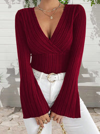 Stylish Women s  Fit Deep V Neck Blouse with Flare Long Sleeves - Trendy Solid Color Fashion Top for Ladies